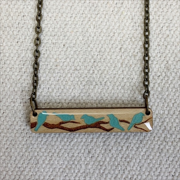 Wood Birds on a Branch Bar pendant Necklace - Picture 4 of 7